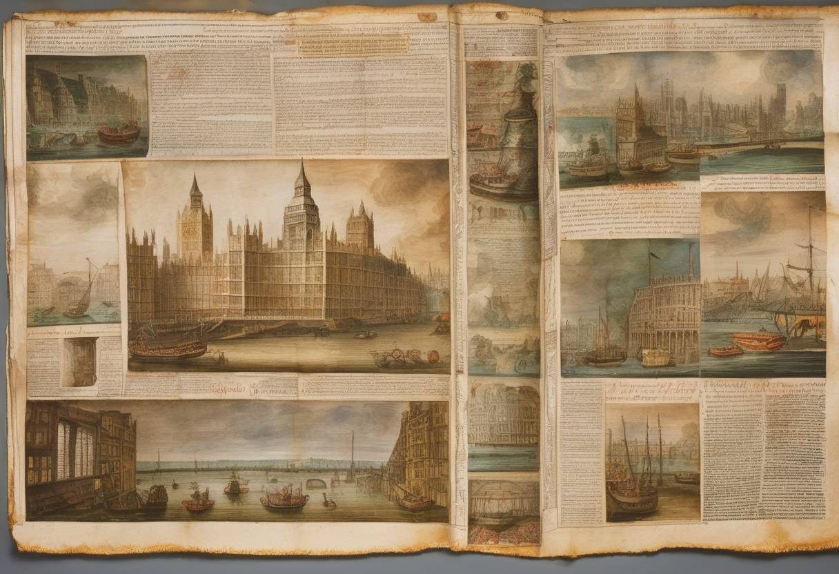 Watercolor painting based depiction of The London Gazette, the oldest surviving English newspaper, was first published. (1665)