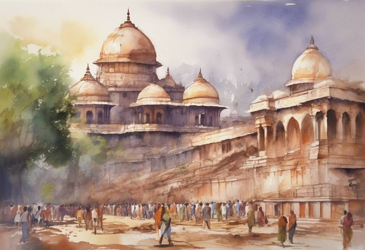 Watercolor painting based depiction of The Babri Masjid in Ayodhya, India, was demolished by Hindu nationalists, leading to widespread communal riots across the country. (1992)
