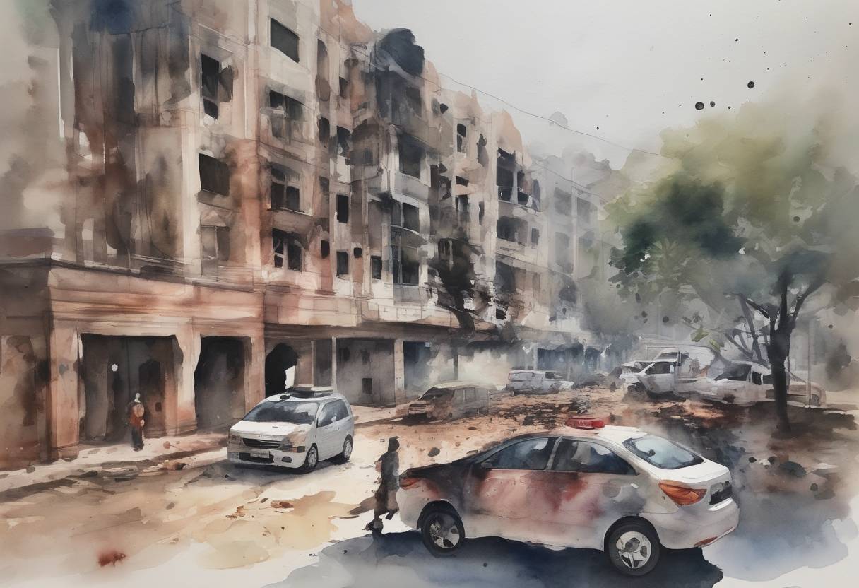 Watercolor painting based depiction of A terrorist attack at the DusitD2 complex in Nairobi, Kenya, results in the deaths of 21 people. The attack is claimed by the militant group Al-Shabaab. (2019)
