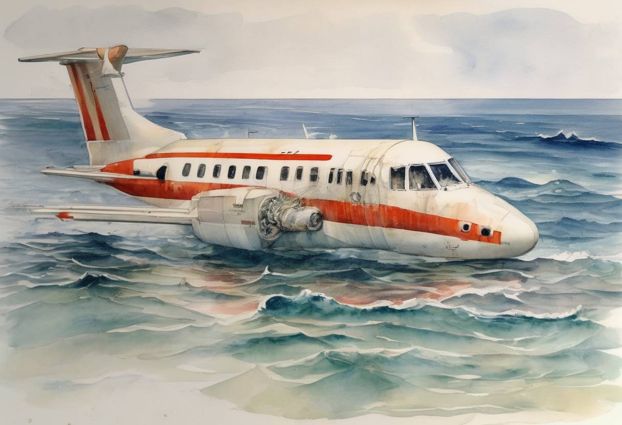 Watercolor painting based depiction of The Italian Aerolinee Itavia Flight 870 crashed into the Tyrrhenian Sea, leading to a major aviation disaster investigation. (1980)