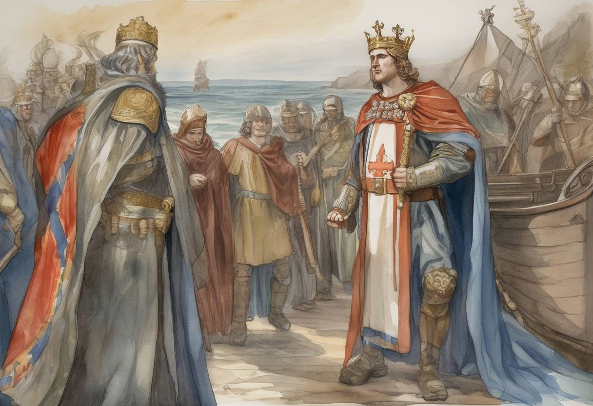 Watercolor painting based depiction of Canute the Great, King of England, Denmark, and Norway, dies. His death leads to a succession crisis and the eventual end of the North Sea Empire. (1035)