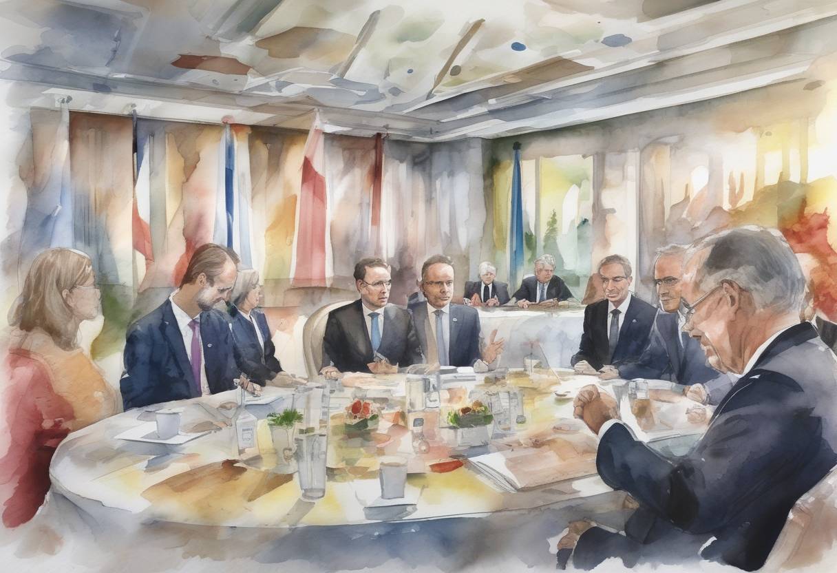 Watercolor painting based depiction of The leaders of the G7 countries concluded their summit in Germany, where they discussed global economic issues, climate change, and security challenges. (2015)