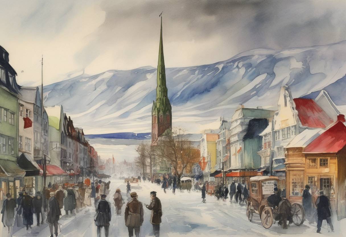 Watercolor painting based depiction of Iceland became a sovereign state under the Danish crown with the signing of the Act of Union. (1918)