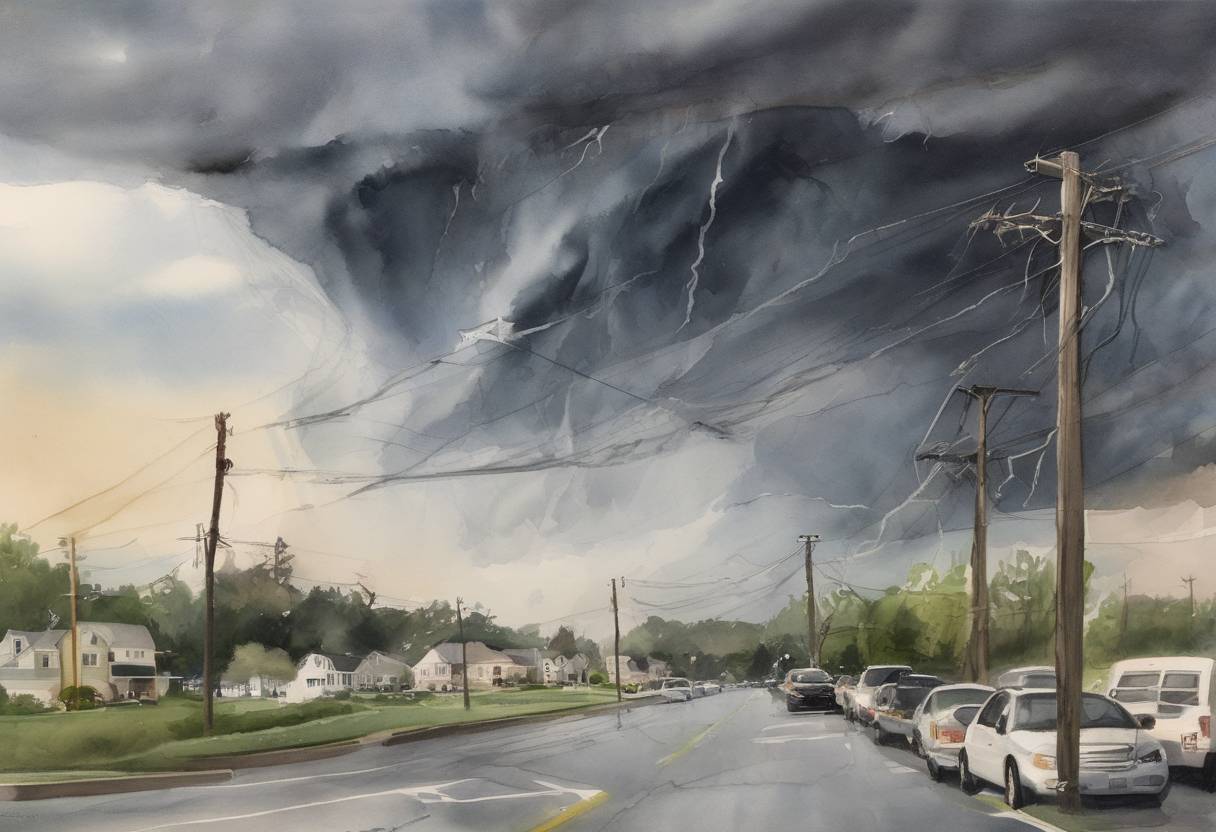 Watercolor painting based depiction of A derecho, a widespread and long-lived wind storm, swept across the eastern United States, causing extensive damage and power outages for millions. (2012)