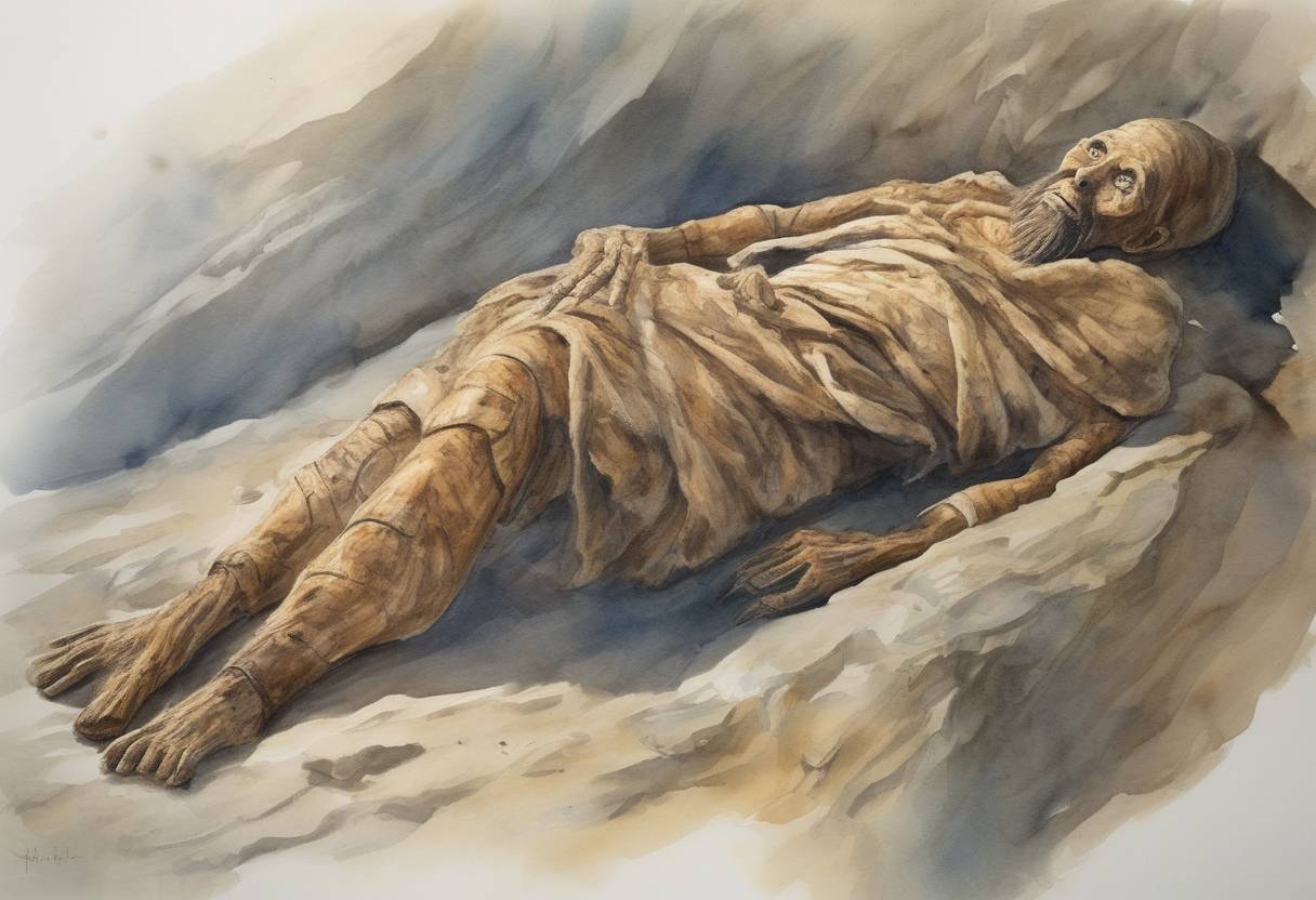 Watercolor painting based depiction of Ötzi the Iceman, a well-preserved natural mummy from about 3300 BCE, was discovered in the Ötztal Alps on the border between Austria and Italy. (1991)
