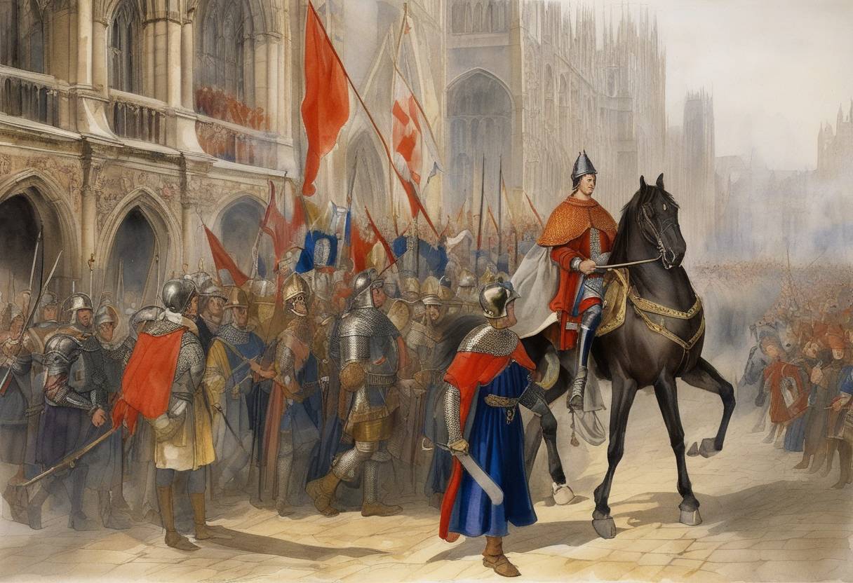 Watercolor painting based depiction of Henry V of England entered Paris. This marked a significant point in the Lancastrian phase of the Hundred Years' War. Upon the death of Charles VI of France, Henry was set to unite the crowns of England and France under one rule. (1420)