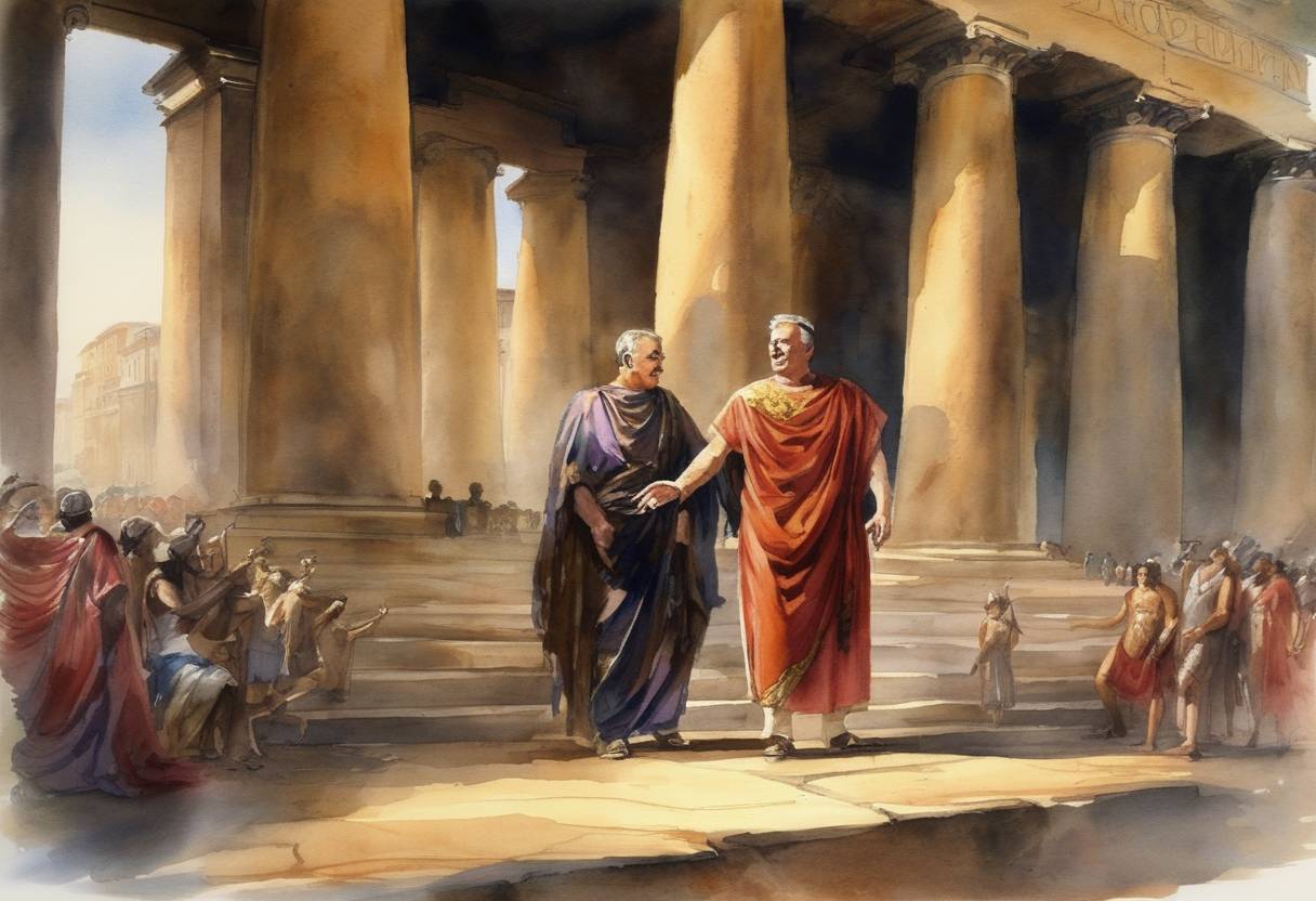 Watercolor painting based depiction of Vespasian enters Rome as Emperor. (69)