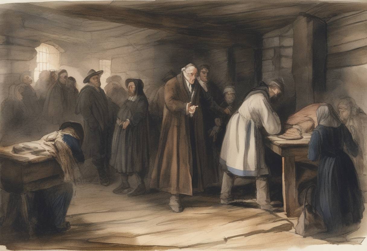 Watercolor painting based depiction of Giles Corey, accused of witchcraft, dies after being pressed with heavy stones during the Salem witch trials. (1692)