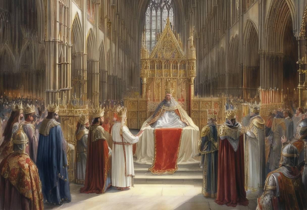 Watercolor painting based depiction of Richard I of England is crowned King of England at Westminster Abbey, marking the beginning of his reign. (1189)
