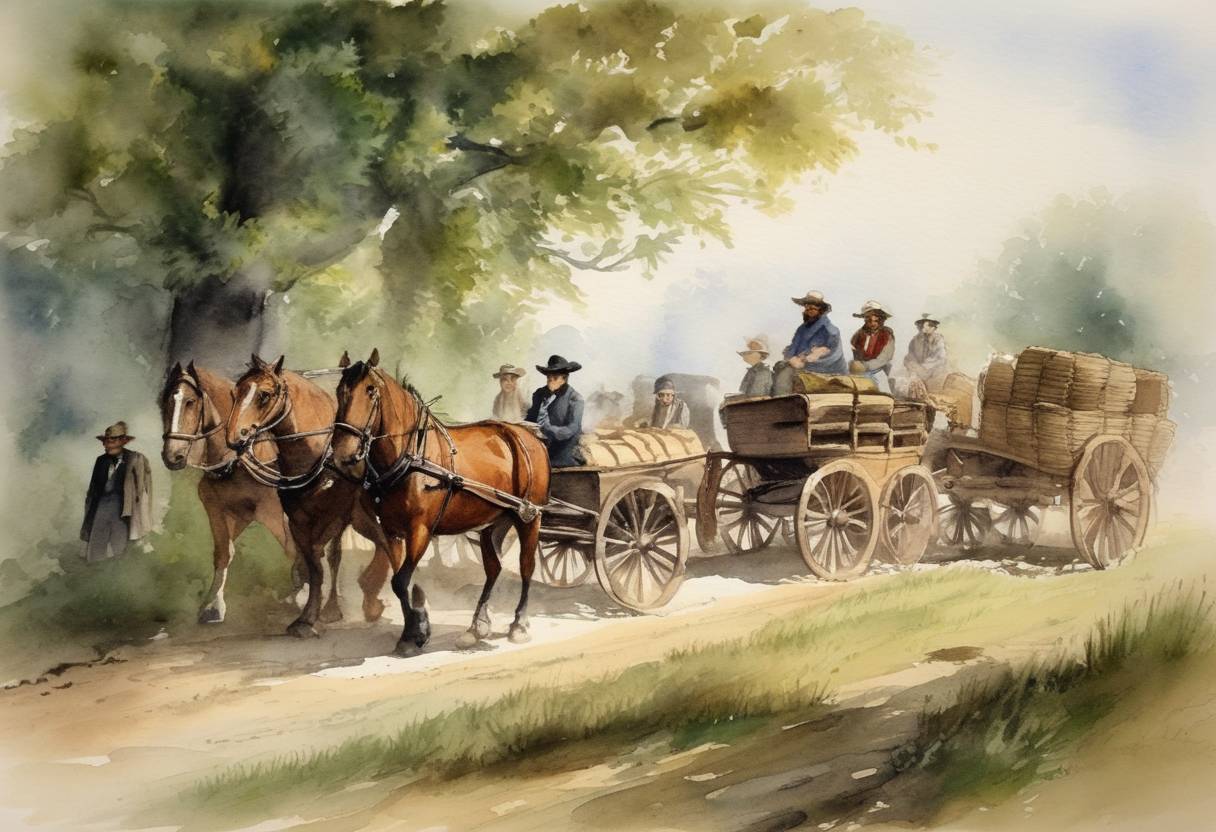 Watercolor painting based depiction of The first major wagon train headed for the Northwestern United States on the Oregon Trail departs from Elm Grove, Missouri. (1843)