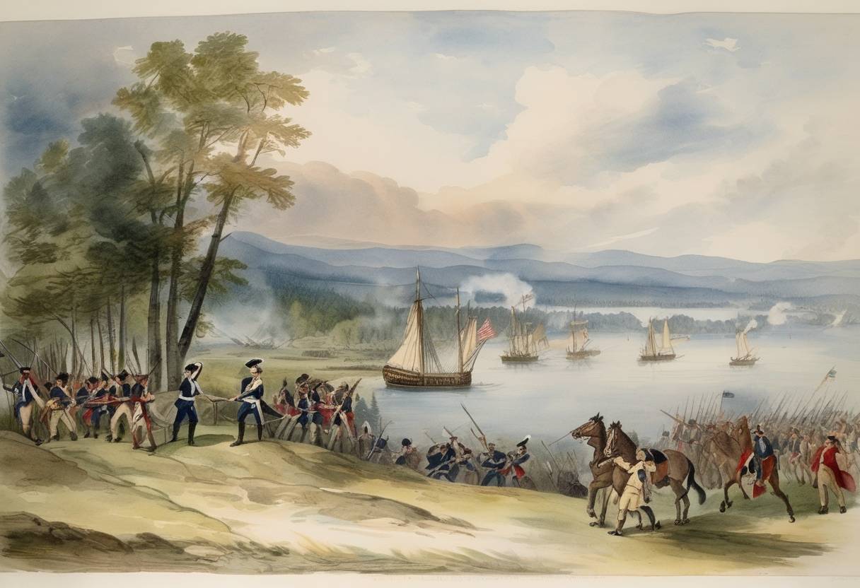 Watercolor painting based depiction of The Battle of Lake George was fought in the British American colony of New York as part of the French and Indian War, resulting in a strategic victory for the British and their Iroquois allies. (1755)