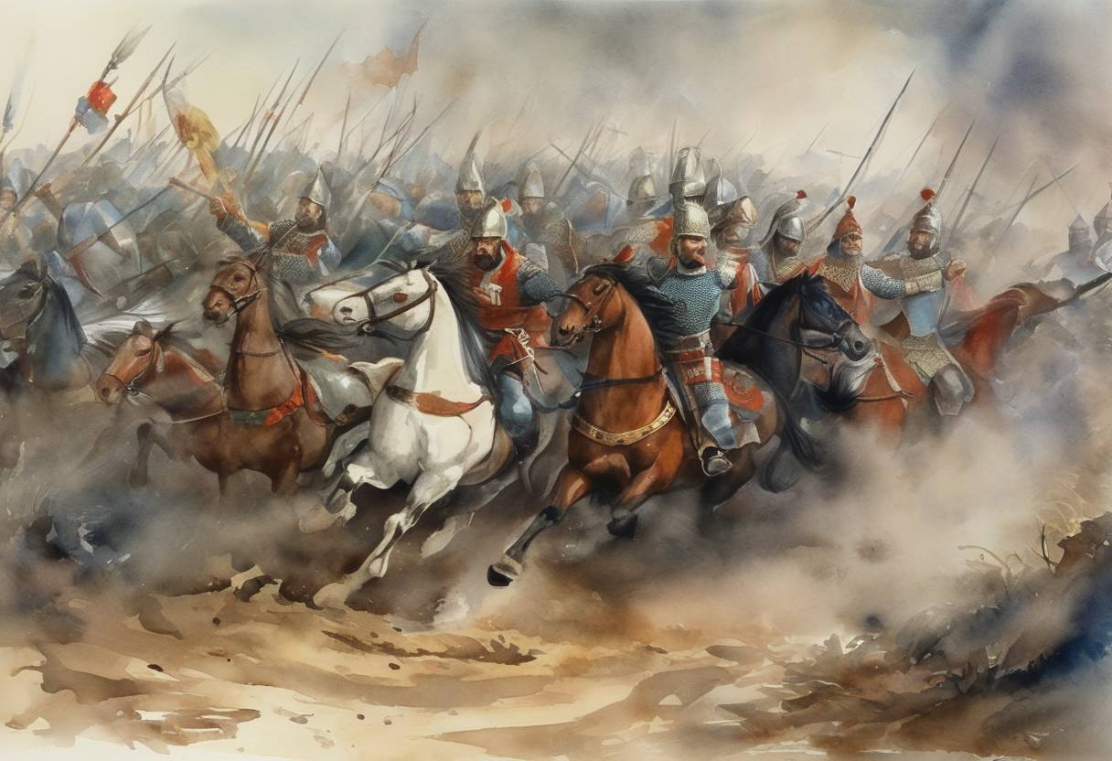 Watercolor painting based depiction of The Battle of Menzhyk took place during the Galicia–Volhynia Wars, a conflict involving the Kingdom of Poland and the Grand Duchy of Lithuania against the Kingdom of Galicia–Volhynia. (1371)