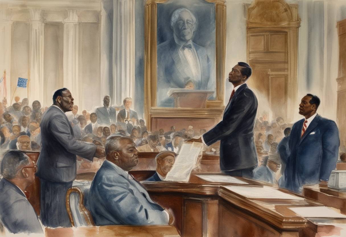Watercolor painting based depiction of The U.S. Congress passed the Civil Rights Act of 1957, which aimed to increase African American voter registration and established the Civil Rights Division in the Department of Justice, as well as the Civil Rights Commission. (1957)