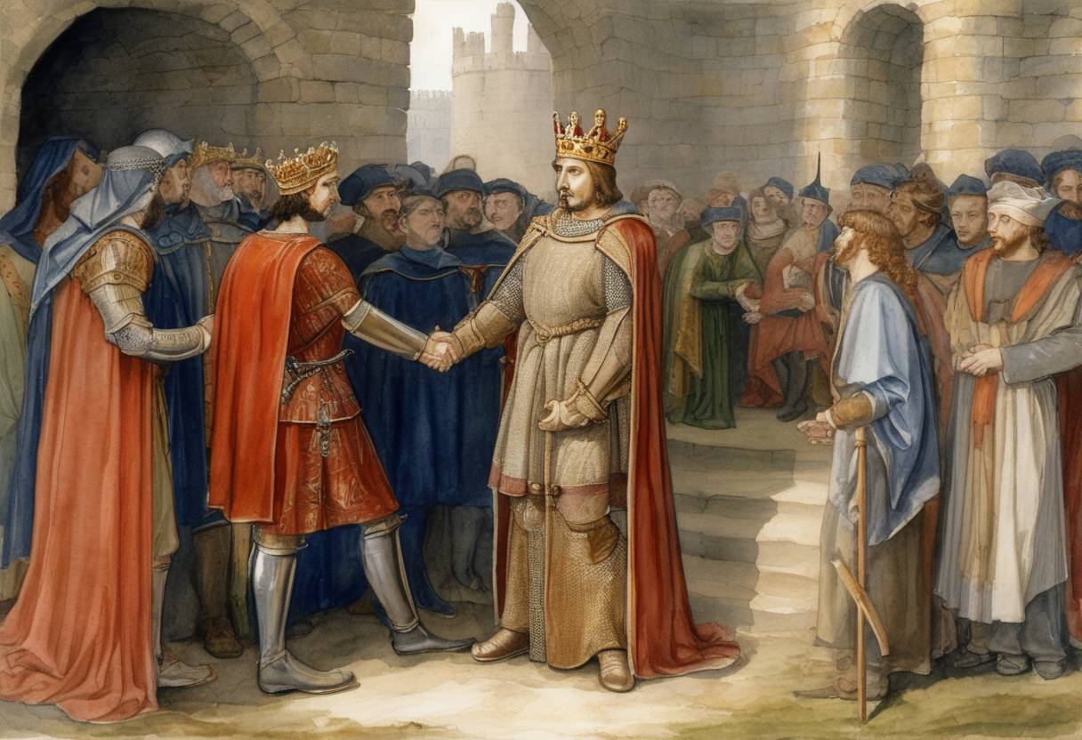 Watercolor painting based depiction of England's King Richard II surrenders to Henry Bolingbroke, later Henry IV, at Flint Castle. This surrender marks the eventual deposition of Richard II and the rise of the House of Lancaster to the English throne. (1399)