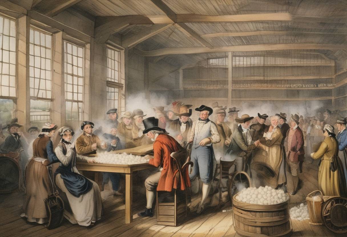 Watercolor painting based depiction of Eli Whitney, inventor of the cotton gin and a pioneer in developing the concept of mass production of interchangeable parts, was born. (1765)