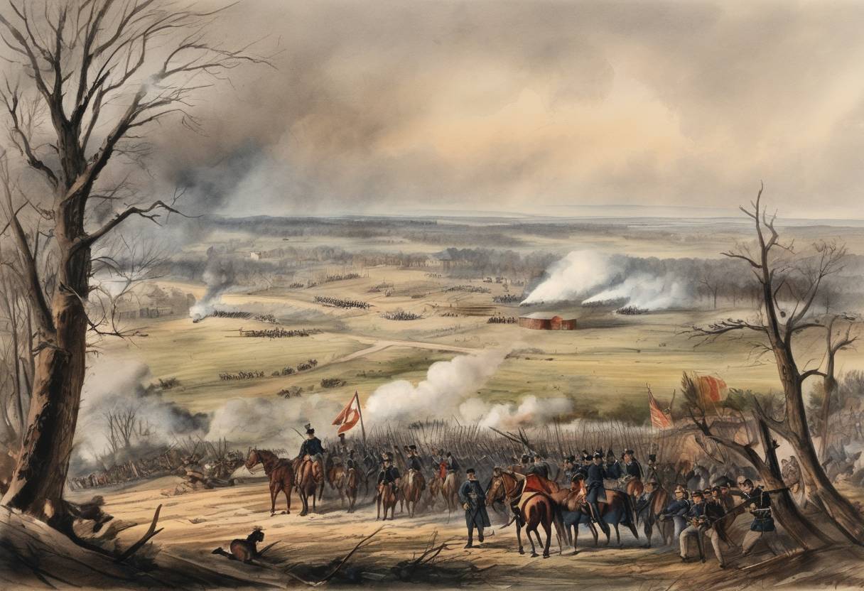 Watercolor painting based depiction of The Battle of Fredericksburg took place during the American Civil War. General Robert E. Lee's Confederate Army achieved a significant victory against the Union Army led by Major General Ambrose Burnside. (1862)