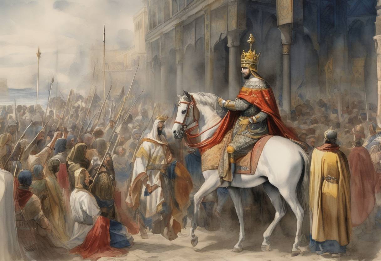 Watercolor painting based depiction of King Louis IX of France, also known as Saint Louis, leads the Eighth Crusade which begins its journey and arrives in Tunis. (1270)