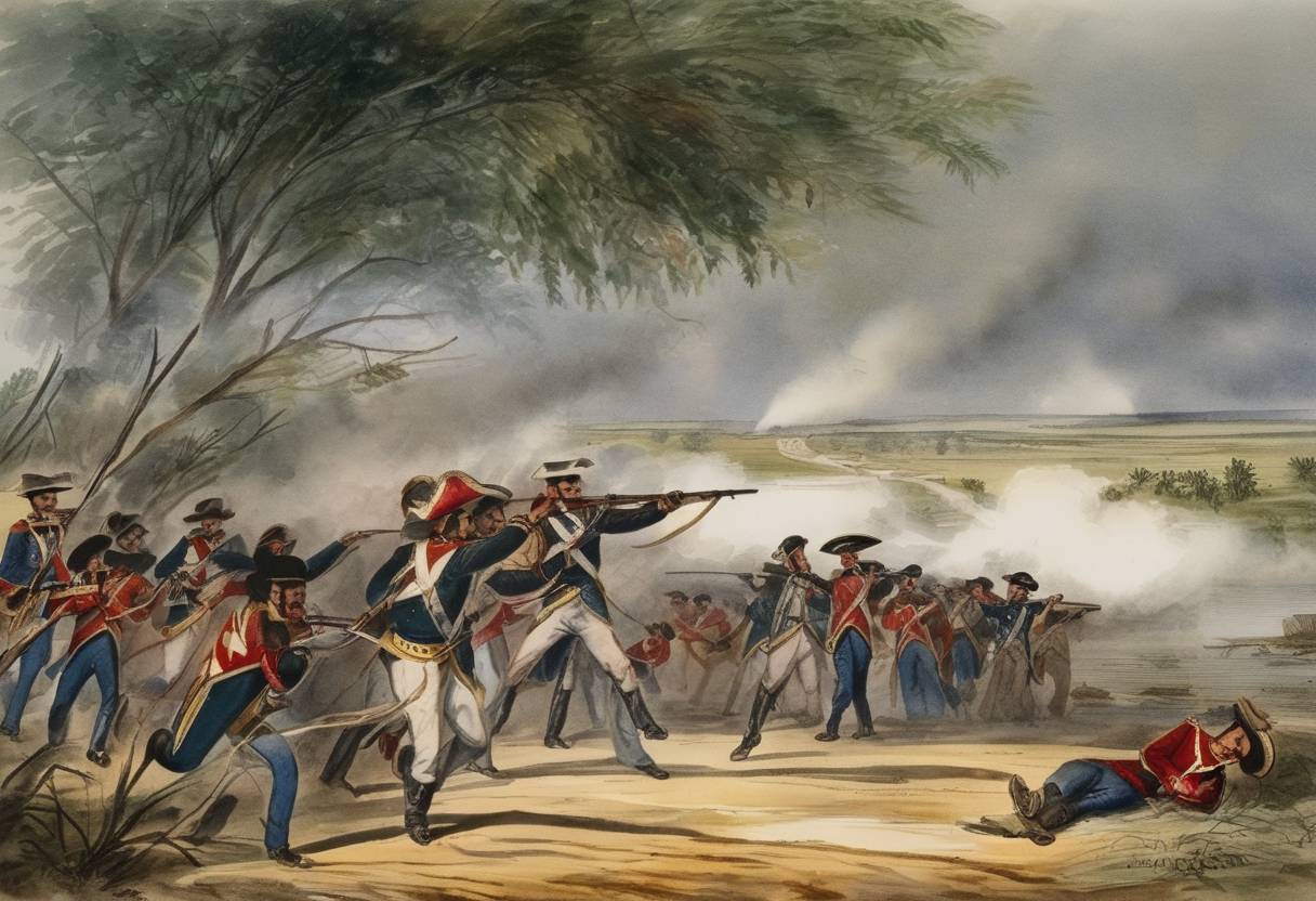 Watercolor painting based depiction of The Mexican-American War began when Mexican forces attacked U.S. troops in the disputed zone between the Rio Grande and Nueces River. (1846)
