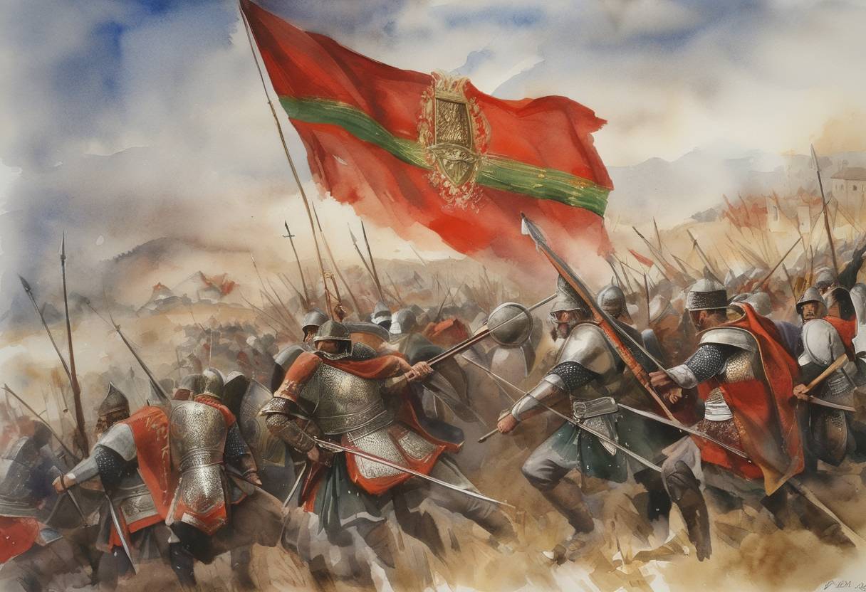 Watercolor painting based depiction of The Battle of Pliska takes place where the Bulgarian forces under Khan Krum defeat the Byzantines led by Emperor Nicephorus I, who was killed in the battle. (811)
