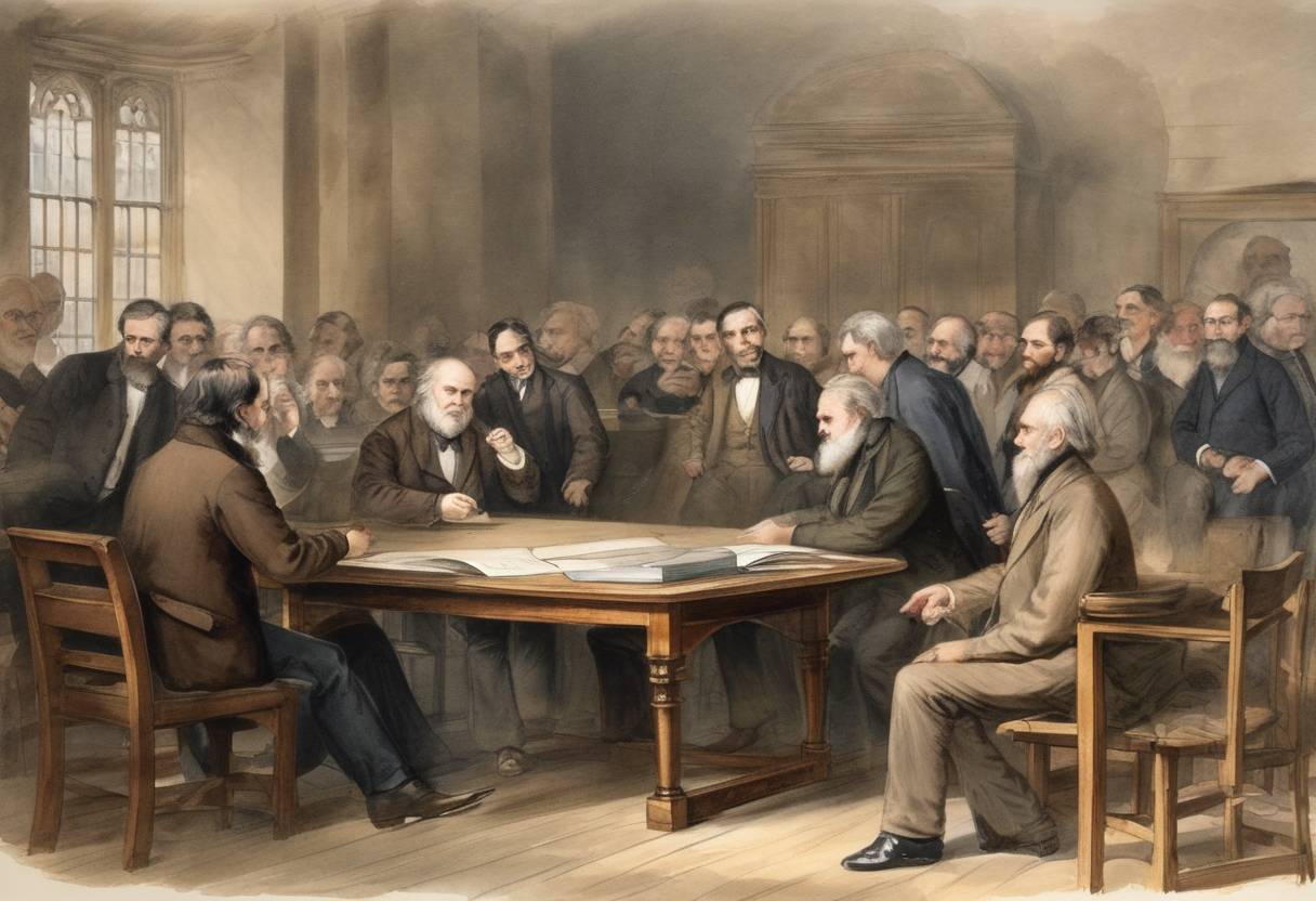 Watercolor painting based depiction of The 1860 Oxford evolution debate took place at the Oxford University Museum, focusing on Darwin's theory of evolution. (1860)