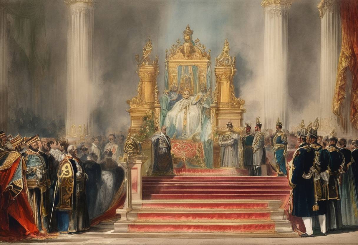 Watercolor painting based depiction of Umberto I is crowned King of Italy. (1878)