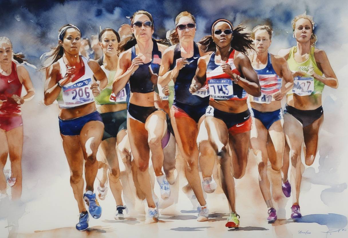 Watercolor painting based depiction of Female athletes for the first time outnumbered their male counterparts in the United States Olympic team announced on this day for the 2012 Summer Olympics in London. (2012)
