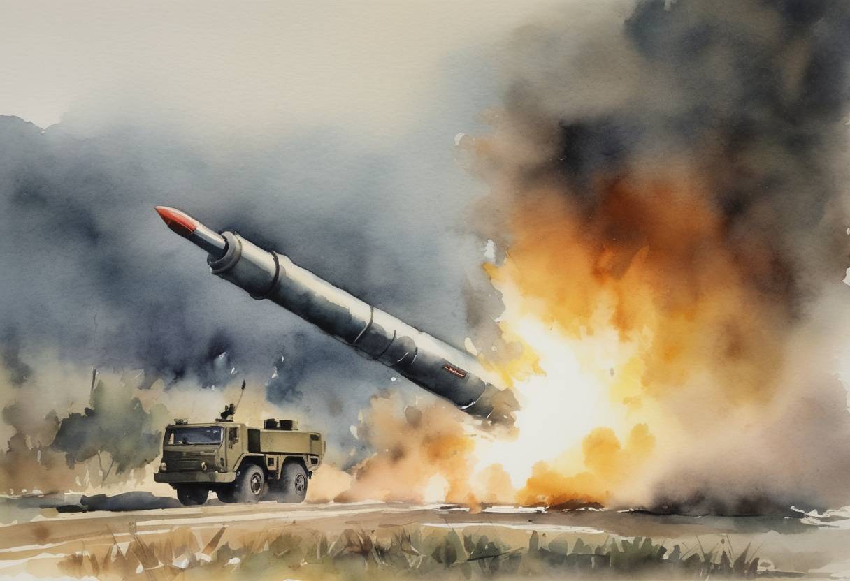 Watercolor painting based depiction of North Korea conducted a test-firing of short-range missiles as a response to the annual US-South Korea military drills, escalating tensions in the region. This missile test was part of North Korea's ongoing development of its ballistic missile and nuclear programs. (2016)