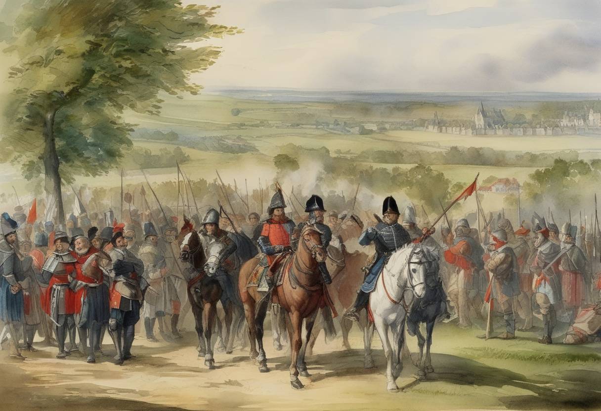 Watercolor painting based depiction of The Treaty of Brétigny was agreed upon between England and France, temporarily halting the Hundred Years' War. (1363)