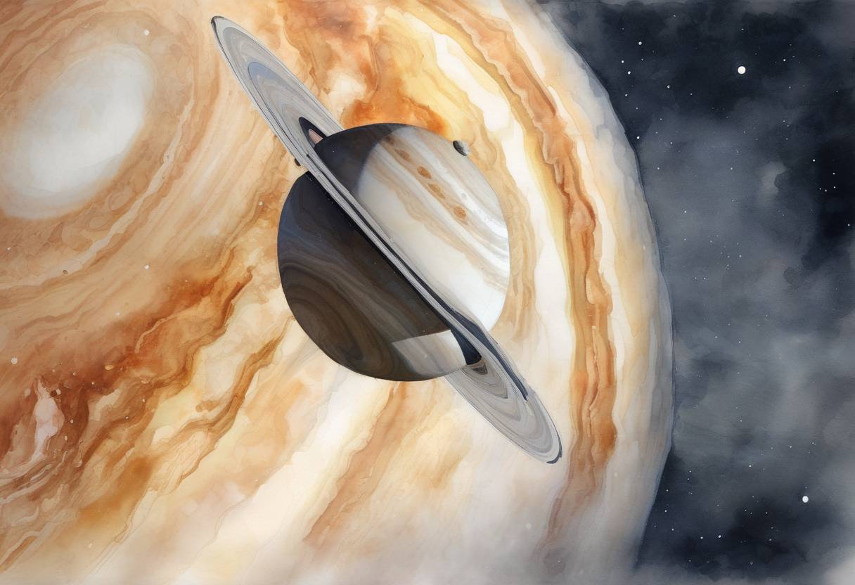 Watercolor painting based depiction of NASA's Juno spacecraft successfully entered orbit around Jupiter, beginning a mission to study the planet's composition and magnetic field. (2016)