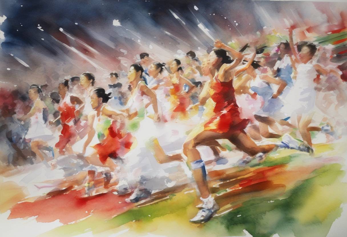 Watercolor painting based depiction of The 2010 Asian Games officially opened in Guangzhou, China, marking the 16th Asian Games. (2010)