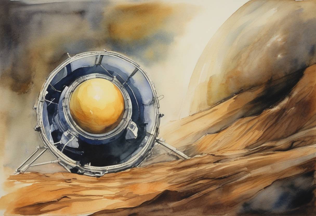 Watercolor painting based depiction of The Soviet space probe Venera 3 impacted Venus, becoming the first human-made object to reach another planet's surface, although it failed to return data. (1966)