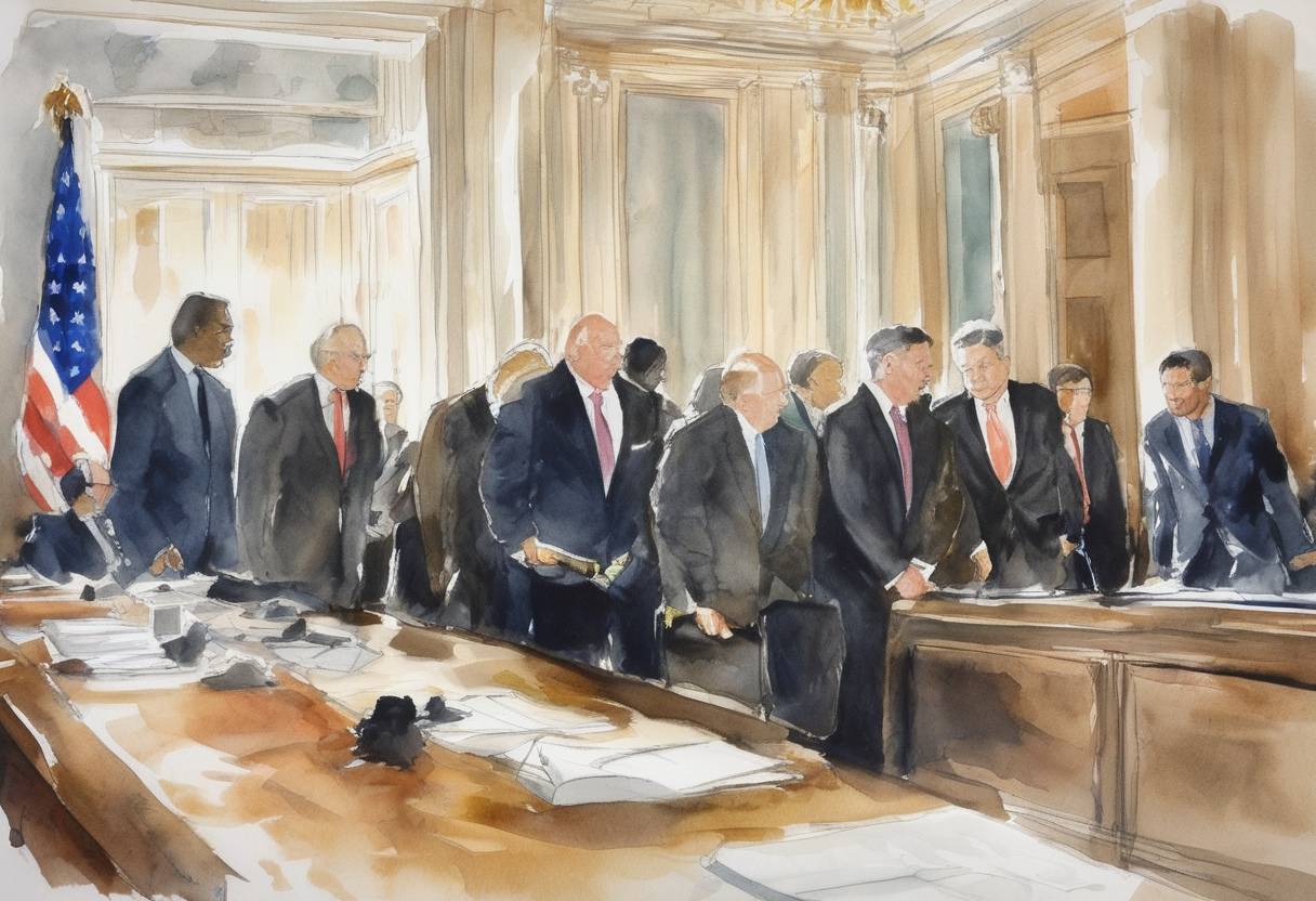 Watercolor painting based depiction of The United States hosts the Nuclear Security Summit in Washington, D.C., assembling leaders from 47 countries to discuss prevention of nuclear terrorism and securing vulnerable nuclear materials worldwide. (2010)