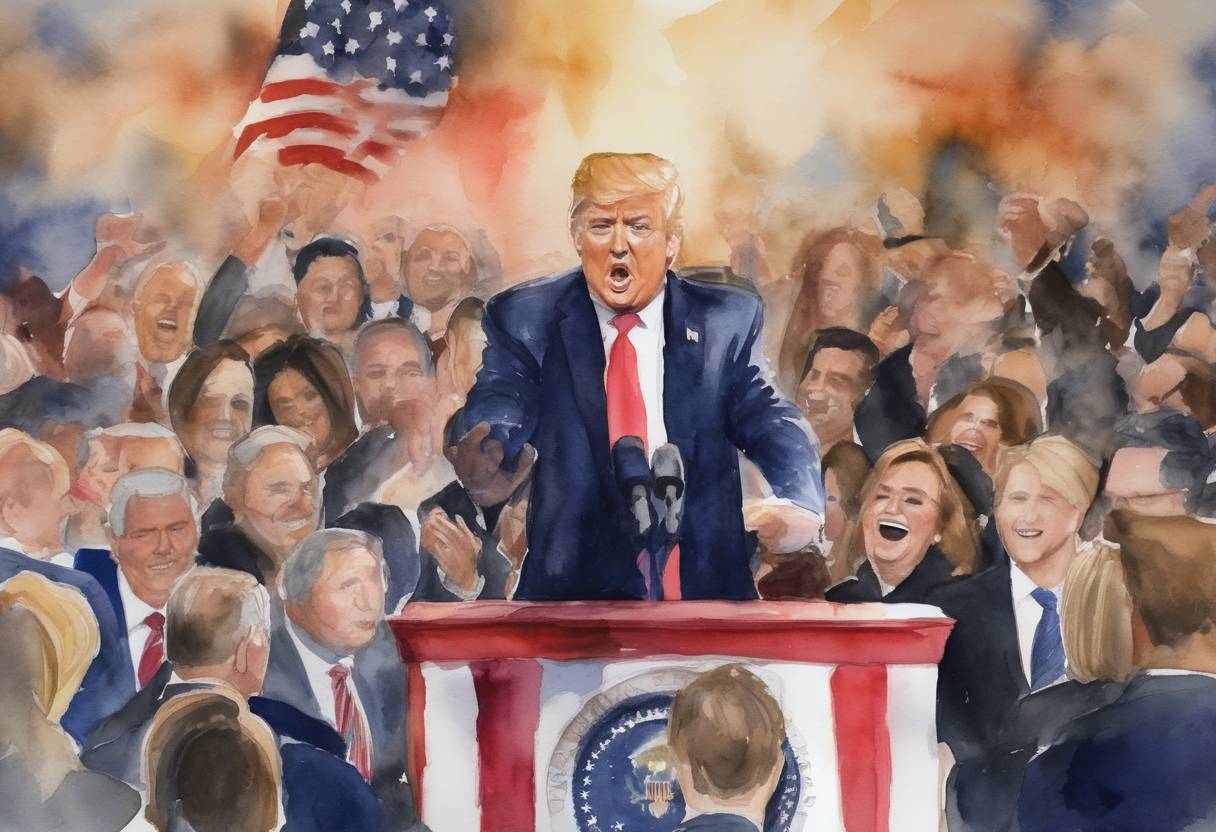 Watercolor painting based depiction of Donald Trump is elected as the 45th President of the United States, defeating the Democratic candidate Hillary Clinton, in a major political upset. (2016)