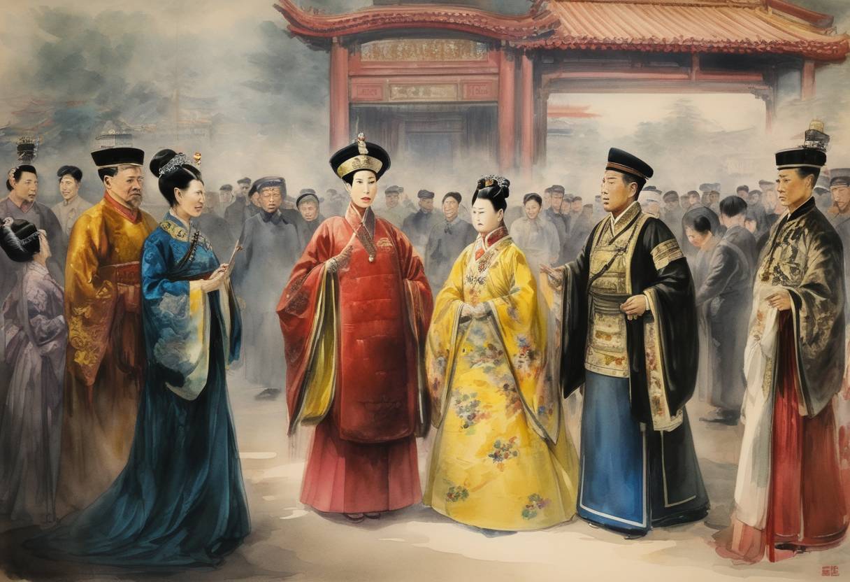 Watercolor painting based depiction of The Empress Dowager Cixi of China orders all foreigners to be killed during the Boxer Rebellion. (1900)