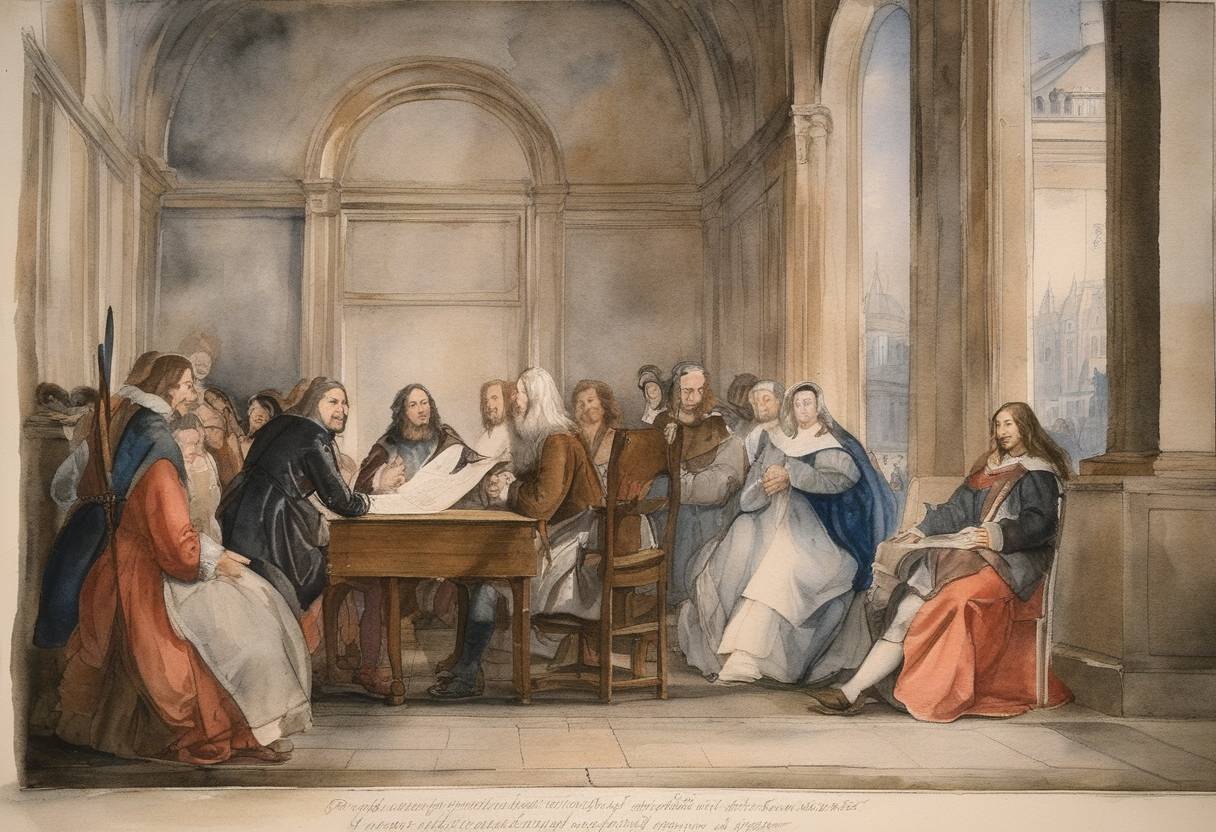 Watercolor painting based depiction of Pierre de Fermat's Last Theorem is stated, despite being first mentioned in a letter dated 1637. His claim that he has a proof too large to fit in the margin became famous, sparking centuries of mathematical pursuit. (1665)