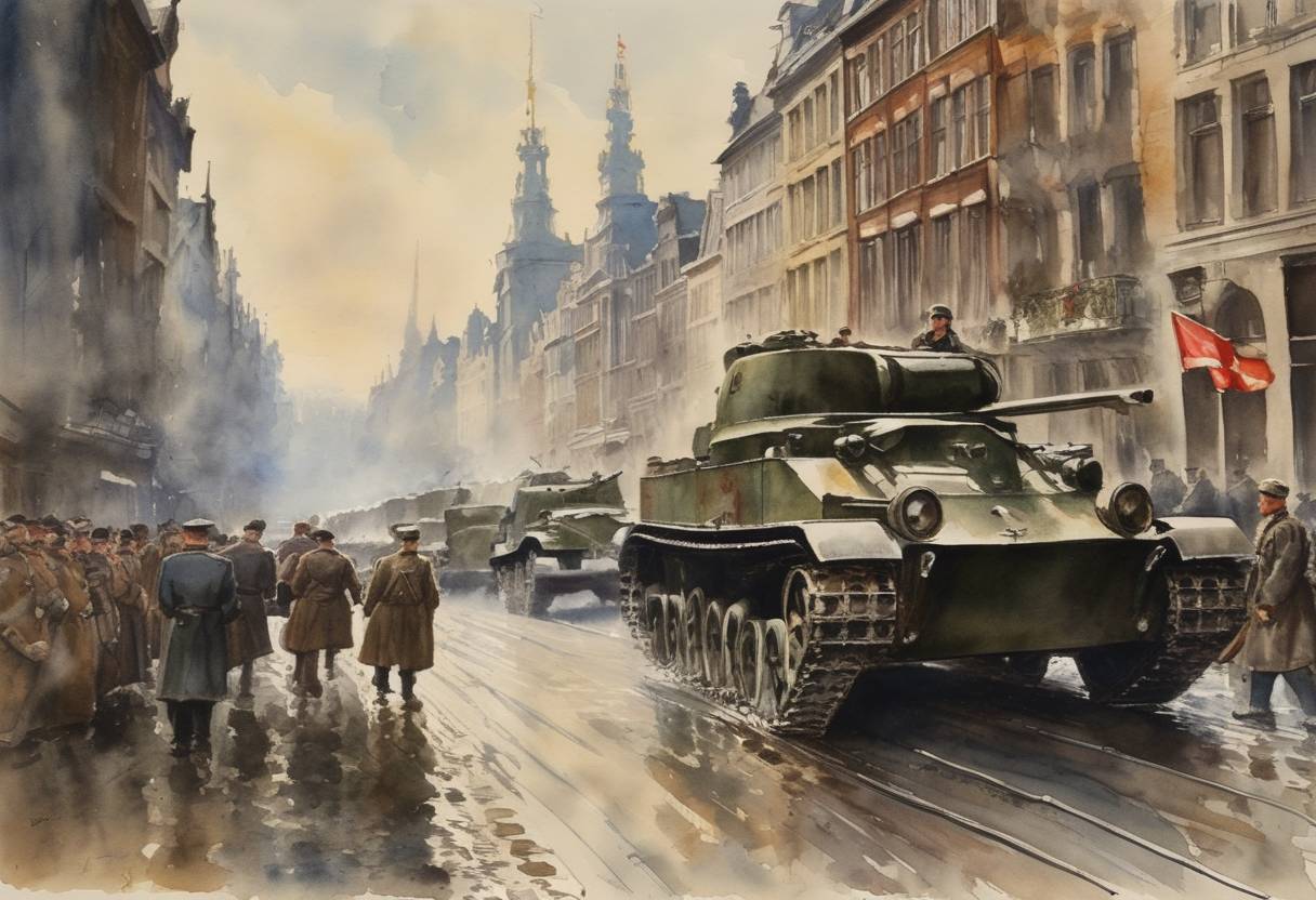 Watercolor painting based depiction of The Nazi German army reached Brussels, Belgium, during the Western campaign of World War II, marking the beginning of a rapid advance through Belgium and France. (1940)