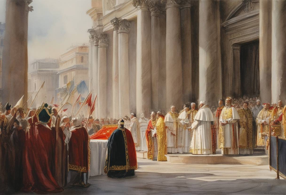 Watercolor painting based depiction of Pope Benedict IX resigned from the papacy for the third and final time, following a tumultuous tenure. His resignation contributed to the instability and corruption often associated with the papacy during this period, leading to eventual reforms in the Catholic Church. (1045)