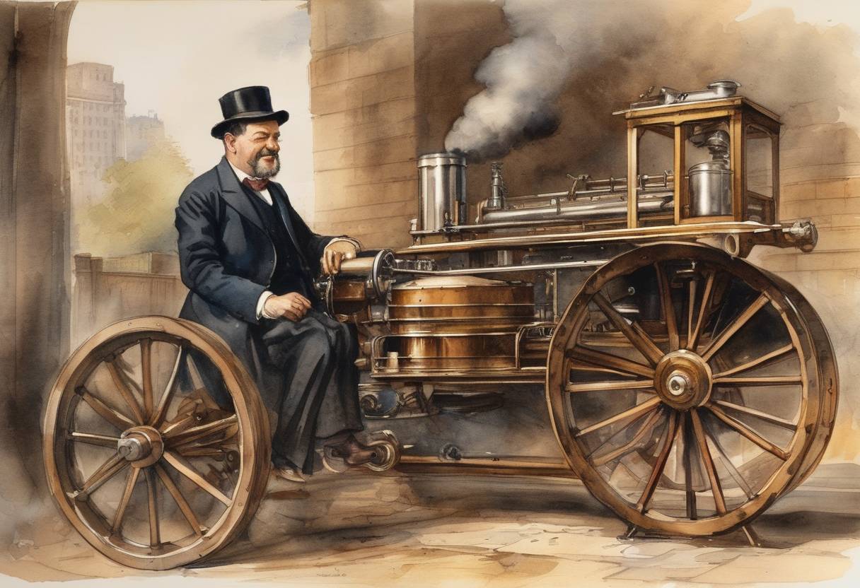 Watercolor painting based depiction of Oscar Hammerstein I patents the first practical cigar-rolling machine, transforming the cigar industry and fostering innovation in industrial manufacturing processes. (1883)