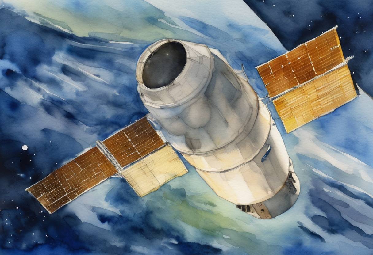 Watercolor painting based depiction of The SpaceX Dragon spacecraft made history by becoming the first commercial vehicle to launch and dock at the International Space Station (ISS). This marked a significant milestone for private space travel and the beginning of a new era in space exploration. (2012)