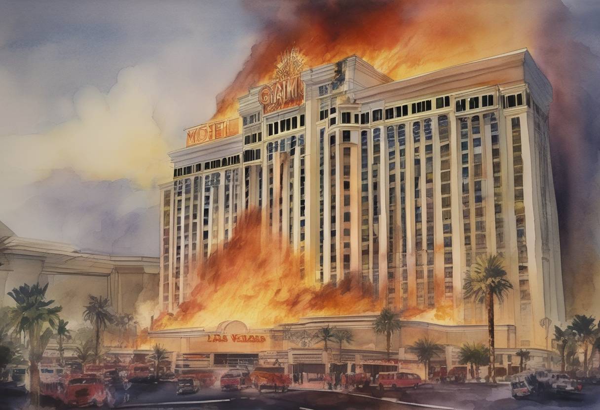 Watercolor painting based depiction of A fire at the MGM Grand Hotel in Las Vegas killed 85 people and injured hundreds more, becoming one of the deadliest hotel fires in U.S. history. (1980)