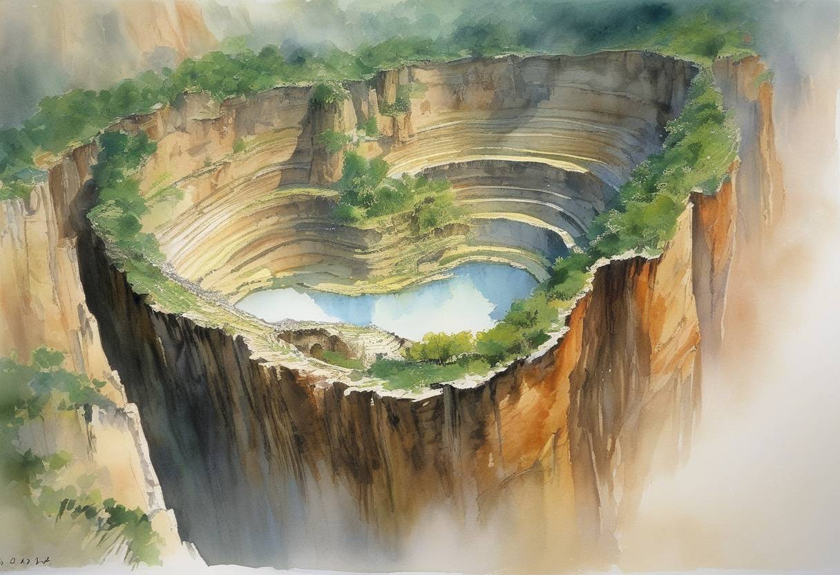 Watercolor painting based depiction of Tiankeng or 'Heavenly Pit' was discovered in the Fengjie County, Chongqing, China. The Xiaozhai Tiankeng is one of the world's largest sinkholes. (2000)