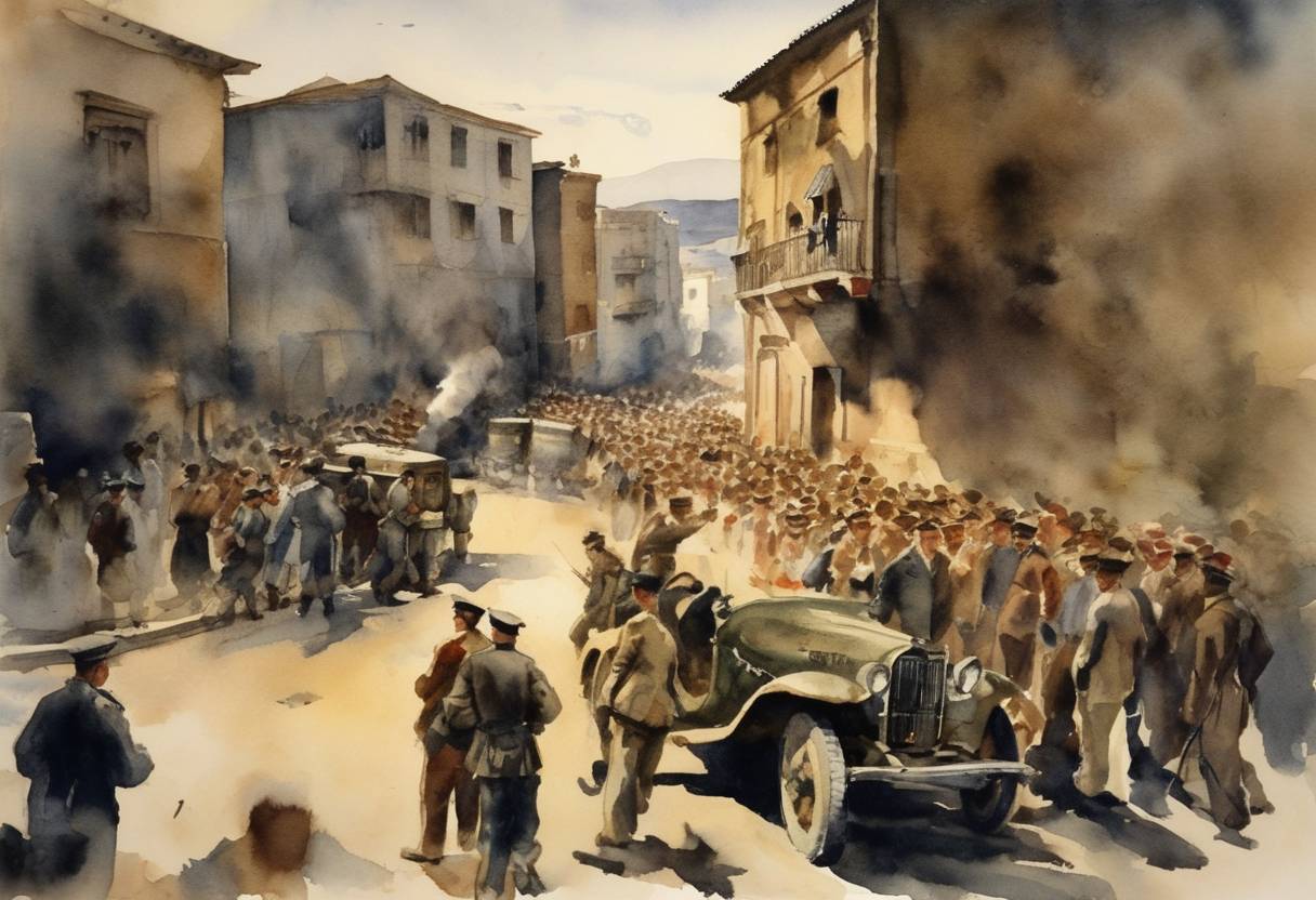 Watercolor painting based depiction of The Spanish Civil War begins as a revolt led by conservative and fascist elements in the Spanish military against the republican government. (1936)