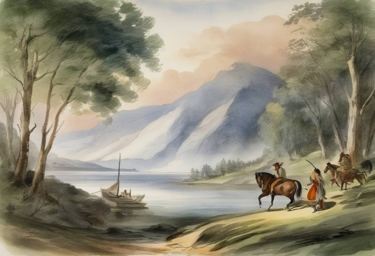 Watercolor painting based depiction of H. W. Longfellow published 'The Song of Hiawatha,' a romantic poem by American author Henry Wadsworth Longfellow. Drawing on Native American themes and stories, the poem became one of the most popular works by Longfellow. (1845)