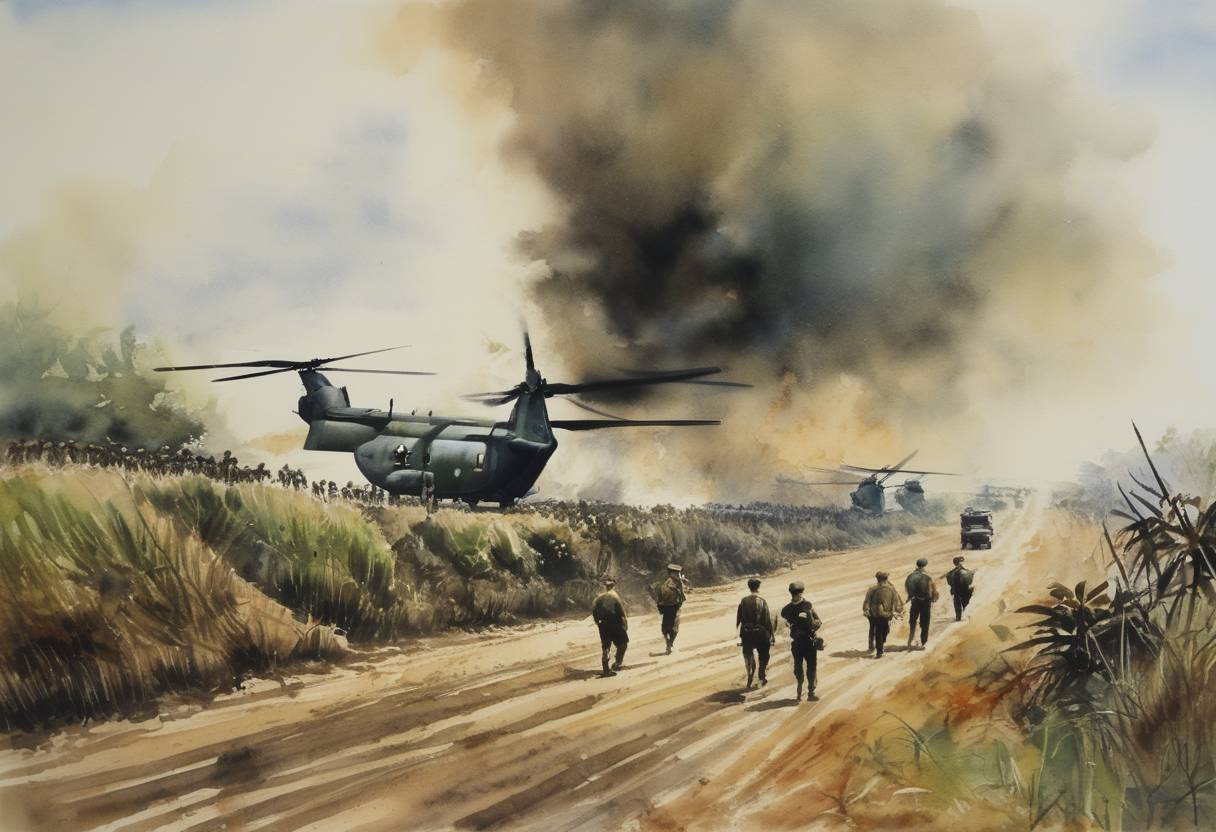 Watercolor painting based depiction of Operation Homecoming begins as the first American prisoners of war are released by North Vietnam. (1973)