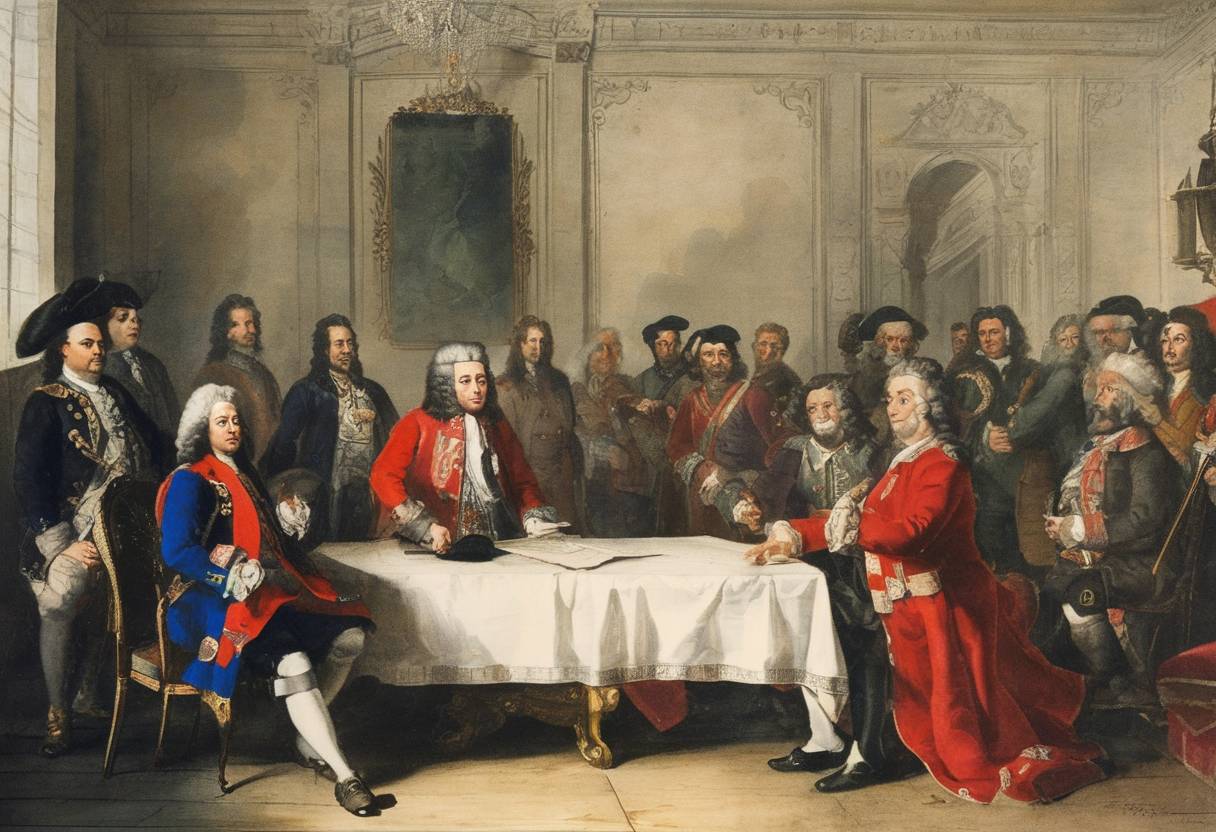 Watercolor painting based depiction of The Treaty of Passarowitz was ratified, concluding the Austro-Turkish War (1716-1718) and the Venetian-Turkish War (1714-1718). This treaty resulted in the exchange of territories between the Holy Roman Empire, the Republic of Venice, and the Ottoman Empire. (1714)