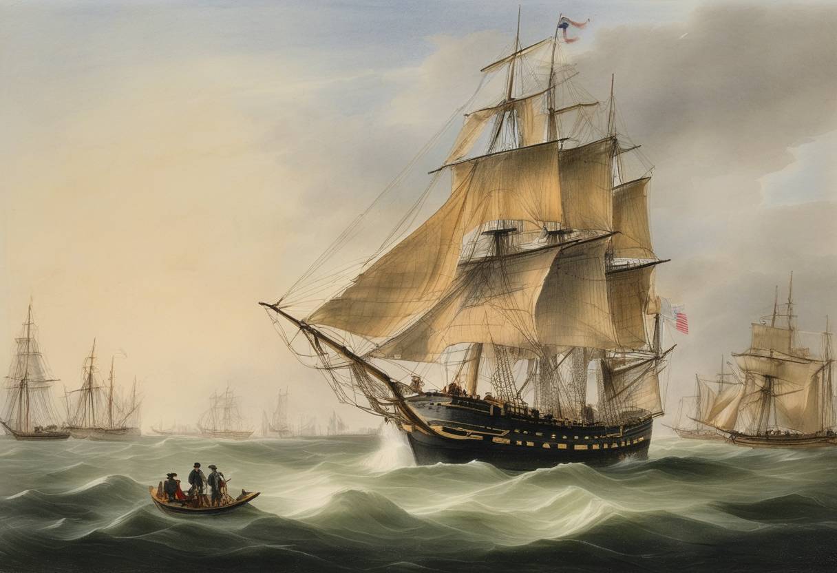 Watercolor painting based depiction of John Hancock's sloop 'Liberty' arrives back in Boston, which becomes a focal point for British customs enforcement, leading to tensions that precede the American Revolution. (1768)