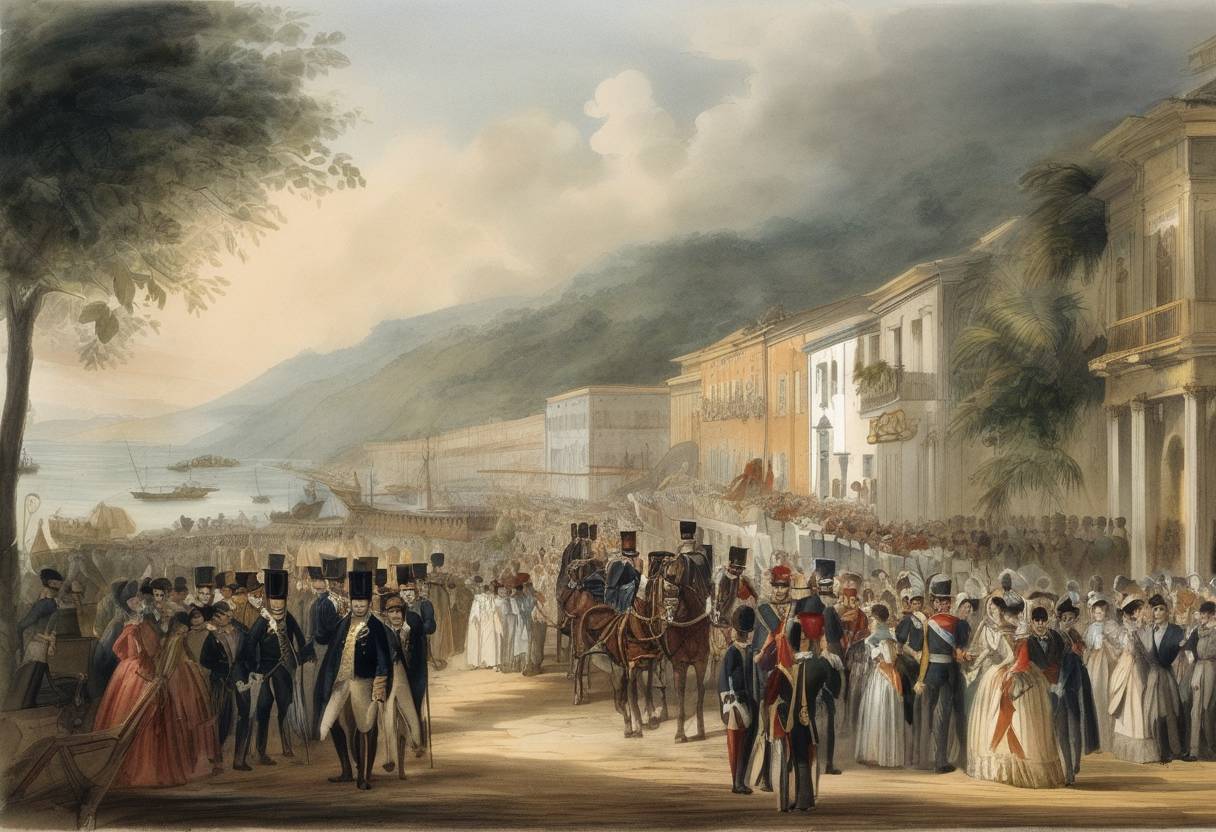 Watercolor painting based depiction of The Portuguese royal family, led by Prince Regent John VI, arrives in Brazil to establish the Portuguese government in the colony amid the Napoleonic Wars. (1808)