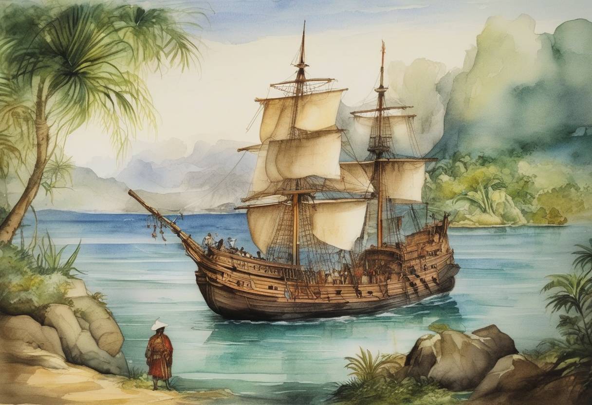 Watercolor painting based depiction of Ferdinand Magellan arrived at the island of Homonhon in the Philippines, marking the first recorded visit by Europeans to the archipelago. (1521)