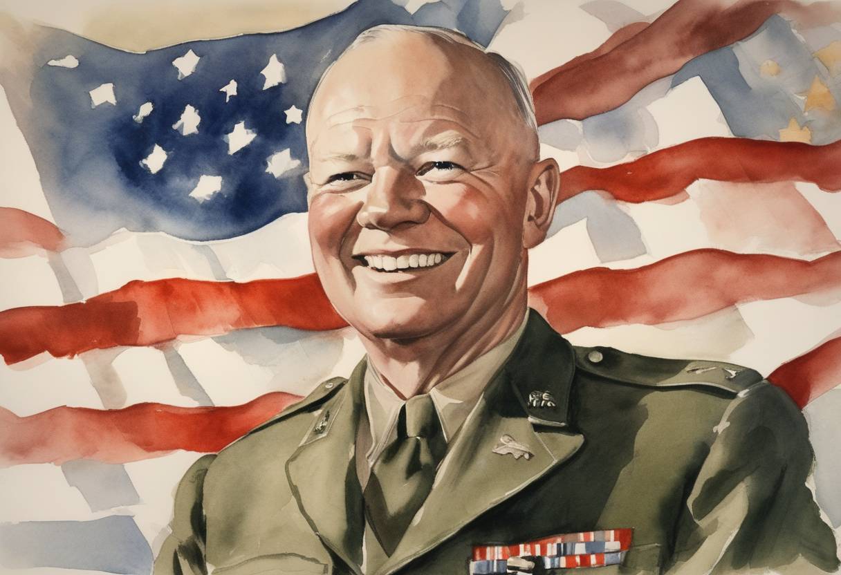 Watercolor painting based depiction of General Dwight D. Eisenhower was elected as the 34th president of the United States, defeating the Democratic candidate Adlai Stevenson. (1952)