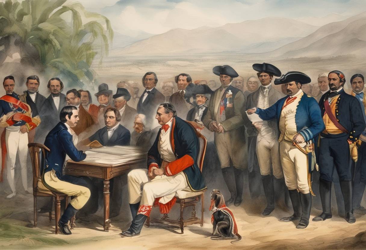 Watercolor painting based depiction of The Treaty of Cahuenga was ratified, which effectively ended the Californian part of the Mexican–American War. (1847)